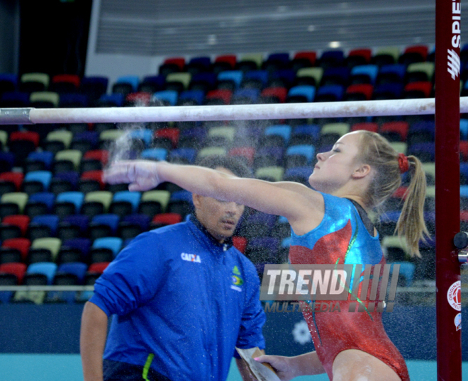 Bakıda Dünya Kubokunun iştirakçısı olan gimnastların podium məşqləri. Azərbaycan, 18 fevral, 2016